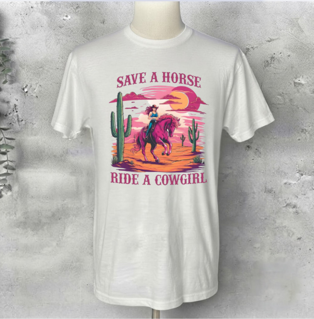 Save A Horse Ride A Cowgirl Western Desert Cactus Sunset Vintage White T-Shirt
